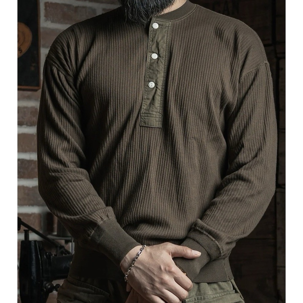 Bronson Ribbed Long Sleeve Henley T-Shirt Rugged Olive Brown Mens XL